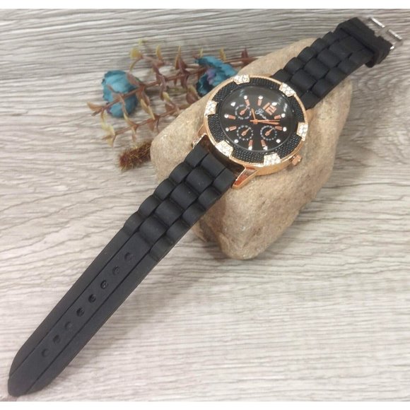 Unisex Bracelet Watch Black Gold Tone Soft Flexible Silicone Band Wristwatch - Picture 8 of 14